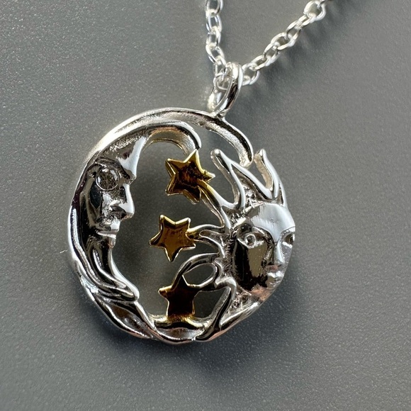 Sterling Silver Two Tone Moon and Stars Celestial Necklace - Picture 9 of 10